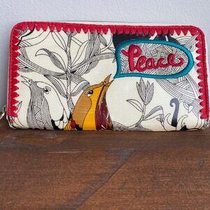 Sakroots Peace Bird Print Zip Around Wallet Coated Canvas Boho Cream Red